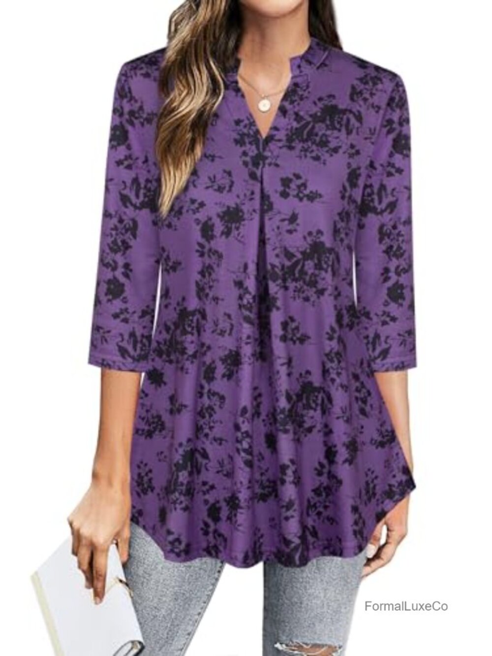 Womens 3/4 Sleeve V-Neck Tunic Blouse Pleated Front Floral Top